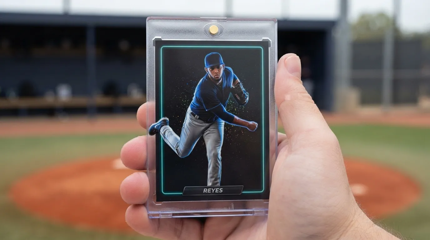 Hand holding magnetic case with custom holographic baseball card of pitcher lit by neon rim light.
