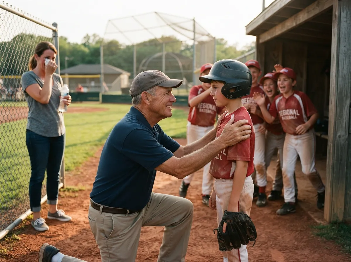 Coach and proud parent share emotional moment with young baseball player near dugout.