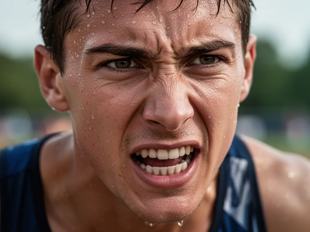 [Close-up of focused athlete's face showing competitive intensity and determination]