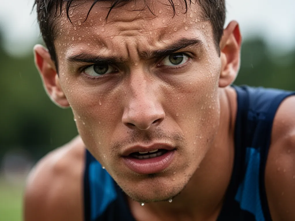 [determined athlete's face showing intense focus during competitive sports performance moment]