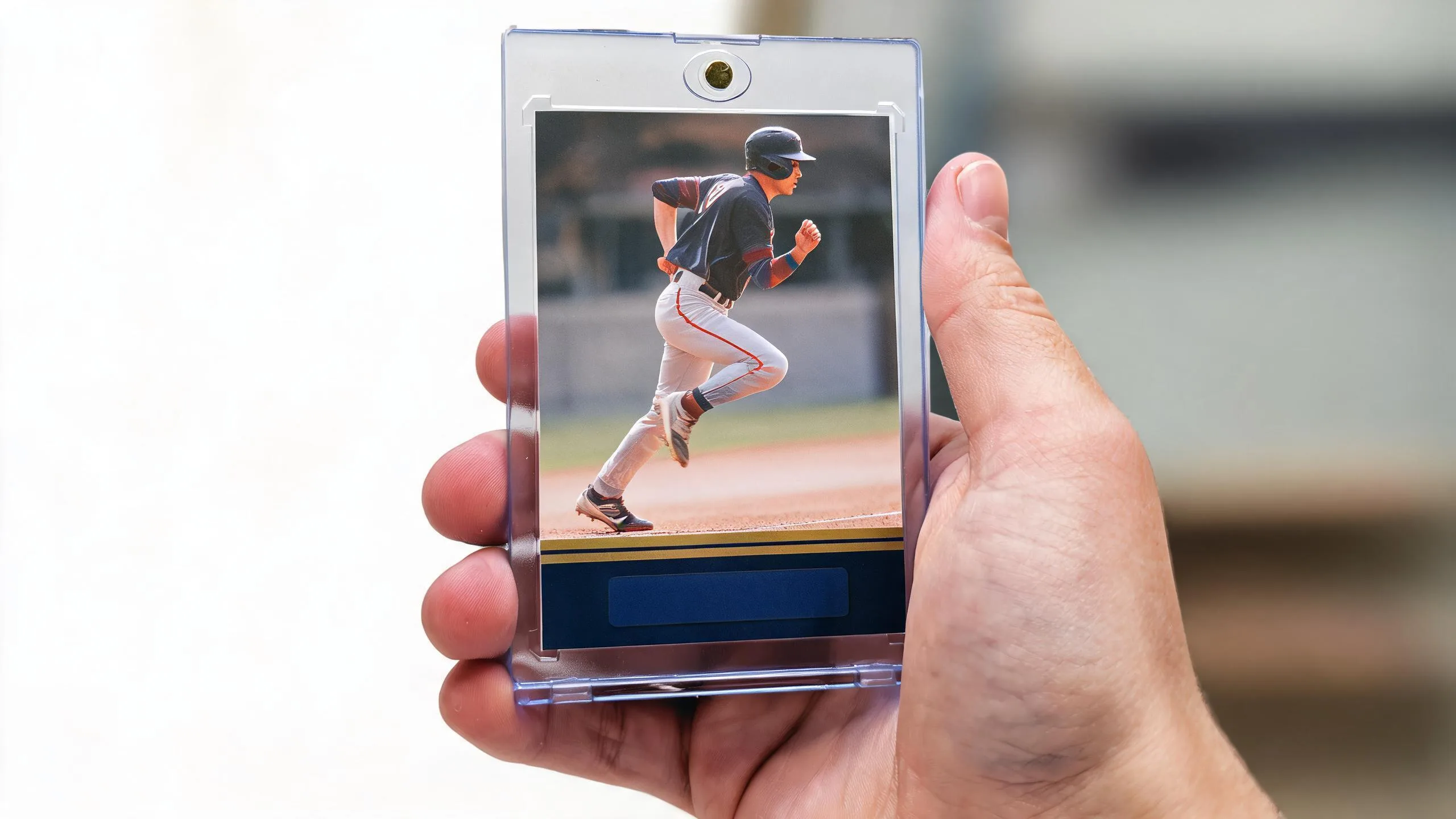 Hand holding custom holographic sports cards in a clear magnetic acrylic display case