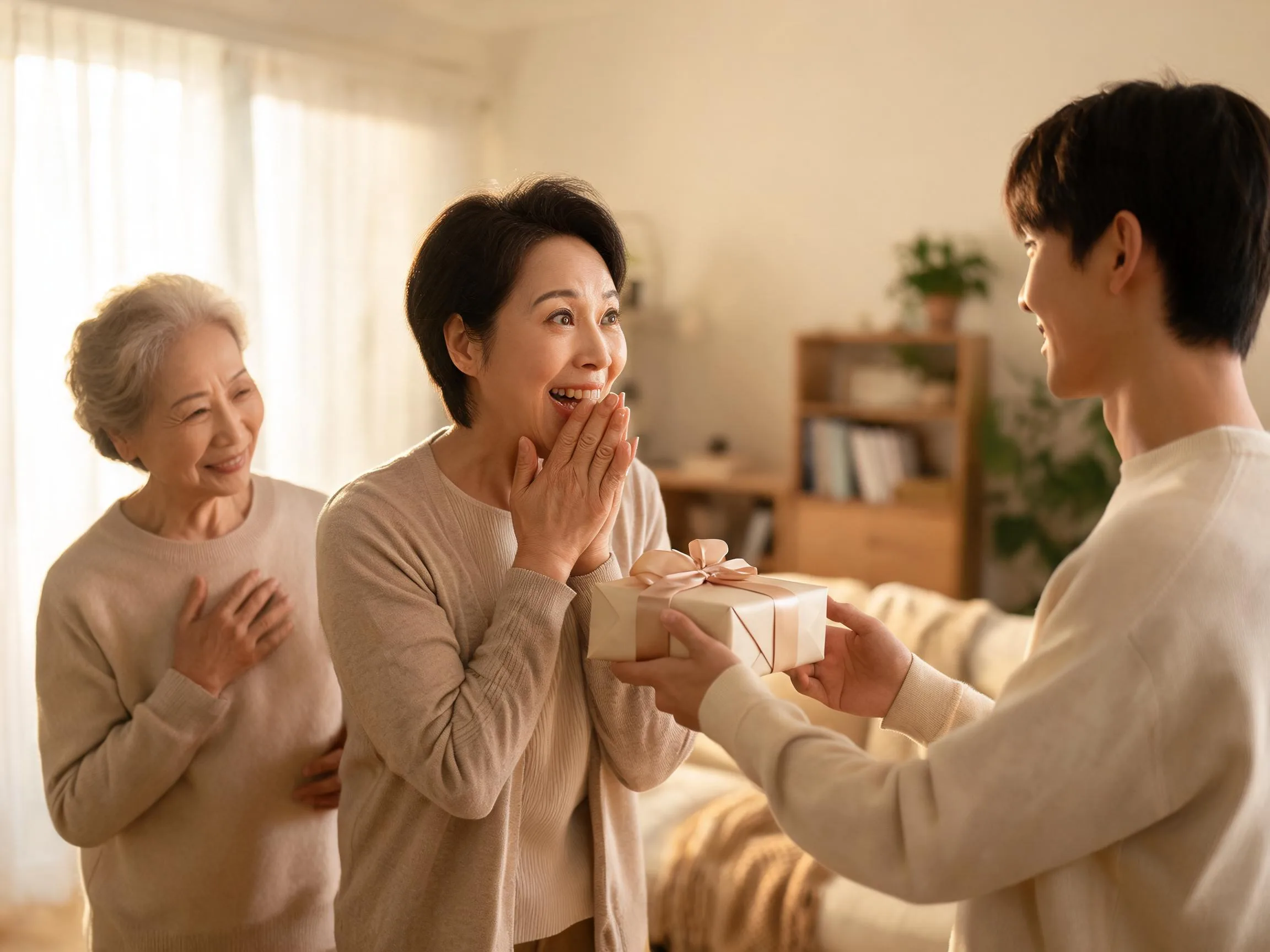 Family member reacting with joyful surprise while receiving an unexpected wrapped gift indoors