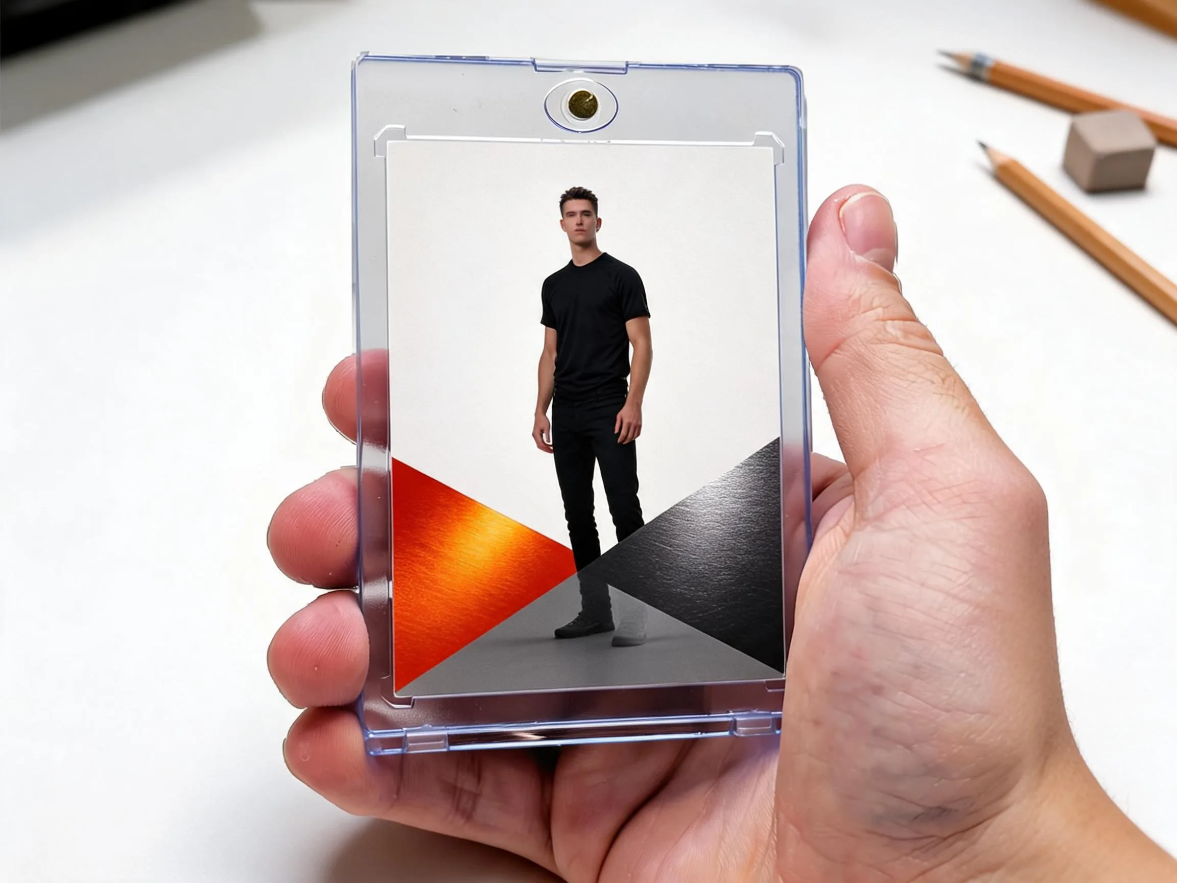 Custom keepsake trading card with diagonal color band in clear magnetic case