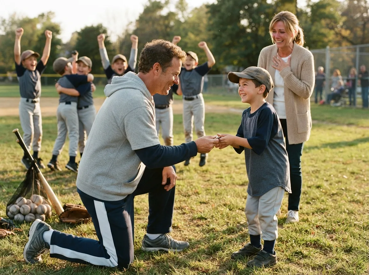 Coach and young athlete share a proud emotional moment on a sunny sports field.