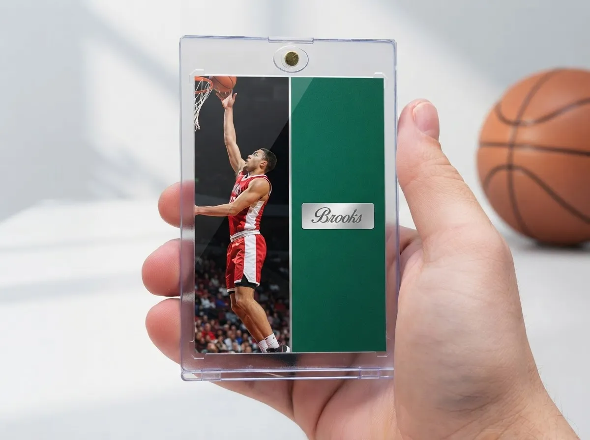 Custom sports trading card in magnetic case, basketball player, split-panel foil nameplate design.