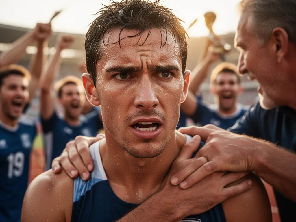 Close-up of focused athlete's face with coach's supportive hand during competitive moment