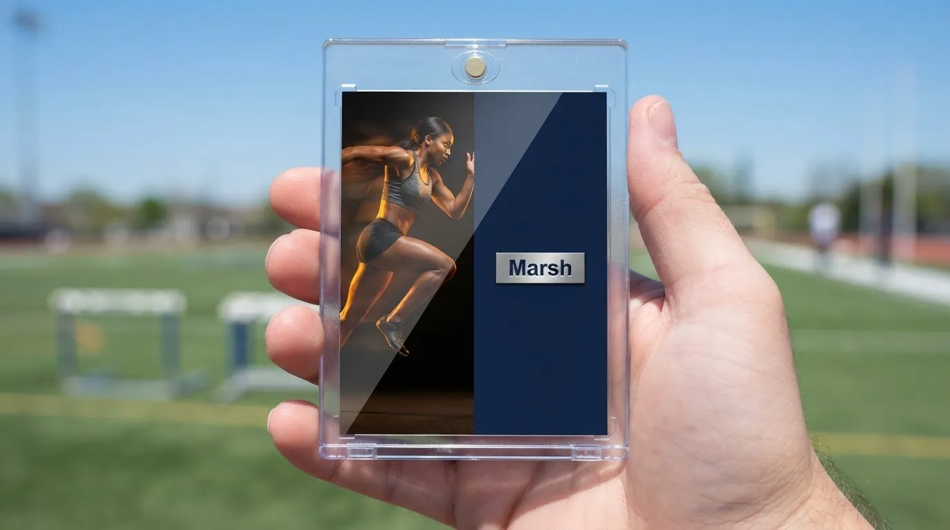 Hand holding custom kaboom card of a sprinting athlete in a clear magnetic case outdoors.