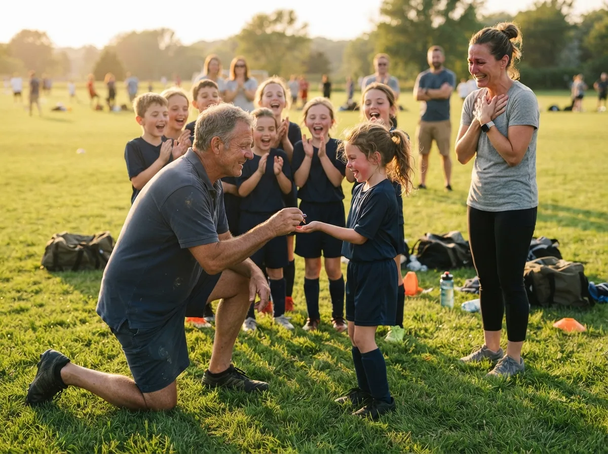 Coach kneeling with young athlete on field as team and parent celebrate proudly.