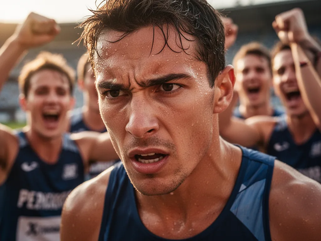 [athlete's determined face during competition with teammates celebrating supportively in background]