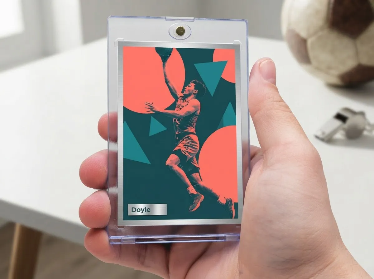 Custom sports trading card with duotone athlete design held in magnetic display case.