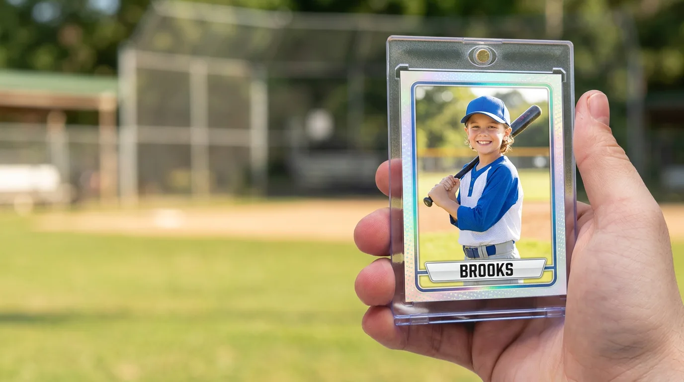 custom kids baseball cards: a custom printed trading card in a magnetic case, held in hand
