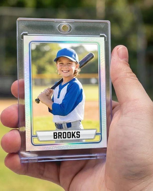 Close-up of a custom trading card in a magnetic case for custom kids baseball cards