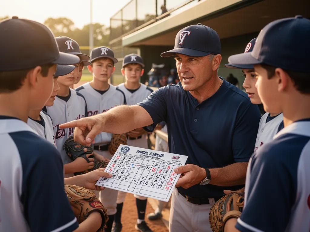 [Coach explaining custom lineup strategy to attentive young baseball players in dugout]