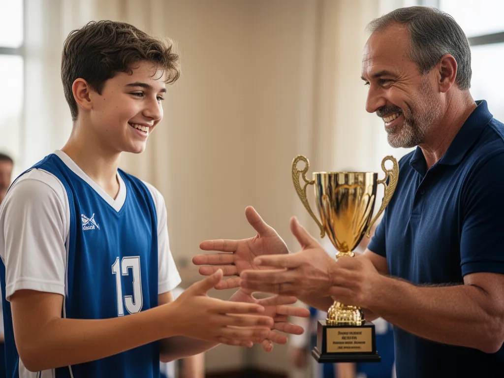 Coach congratulating young athlete with genuine smile during emotional award recognition moment