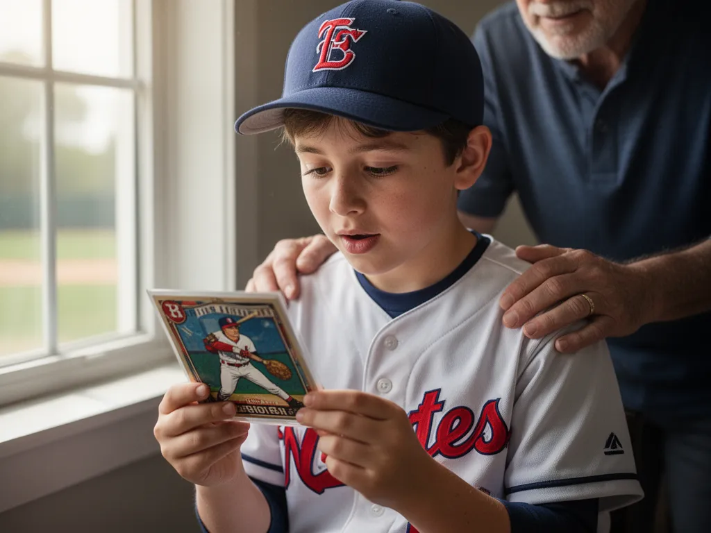 [Young baseball player proudly examining custom card with parent supportively present]