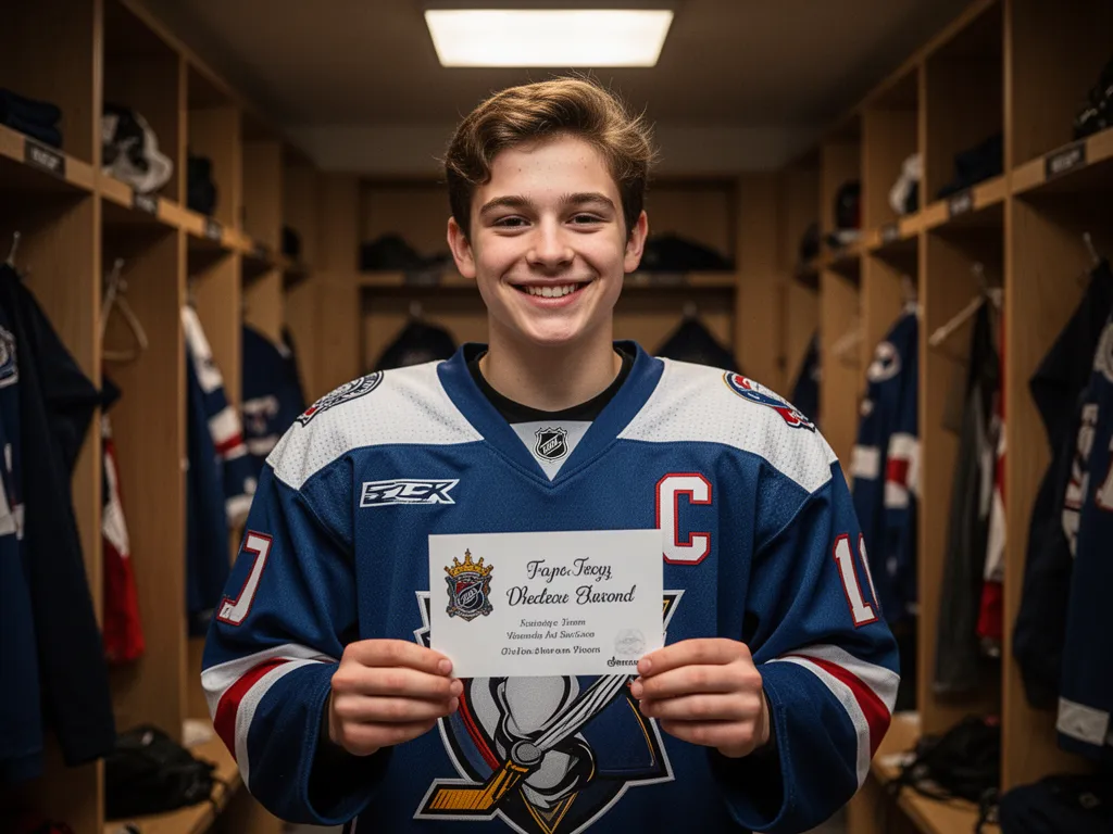 [Young hockey player smiling while holding custom sports card in locker room setting]