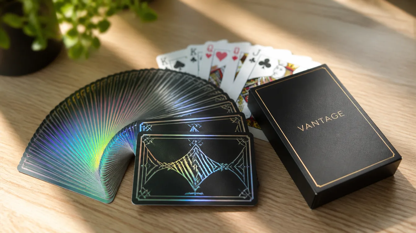 Custom made playing cards fanned out beside their tuck box