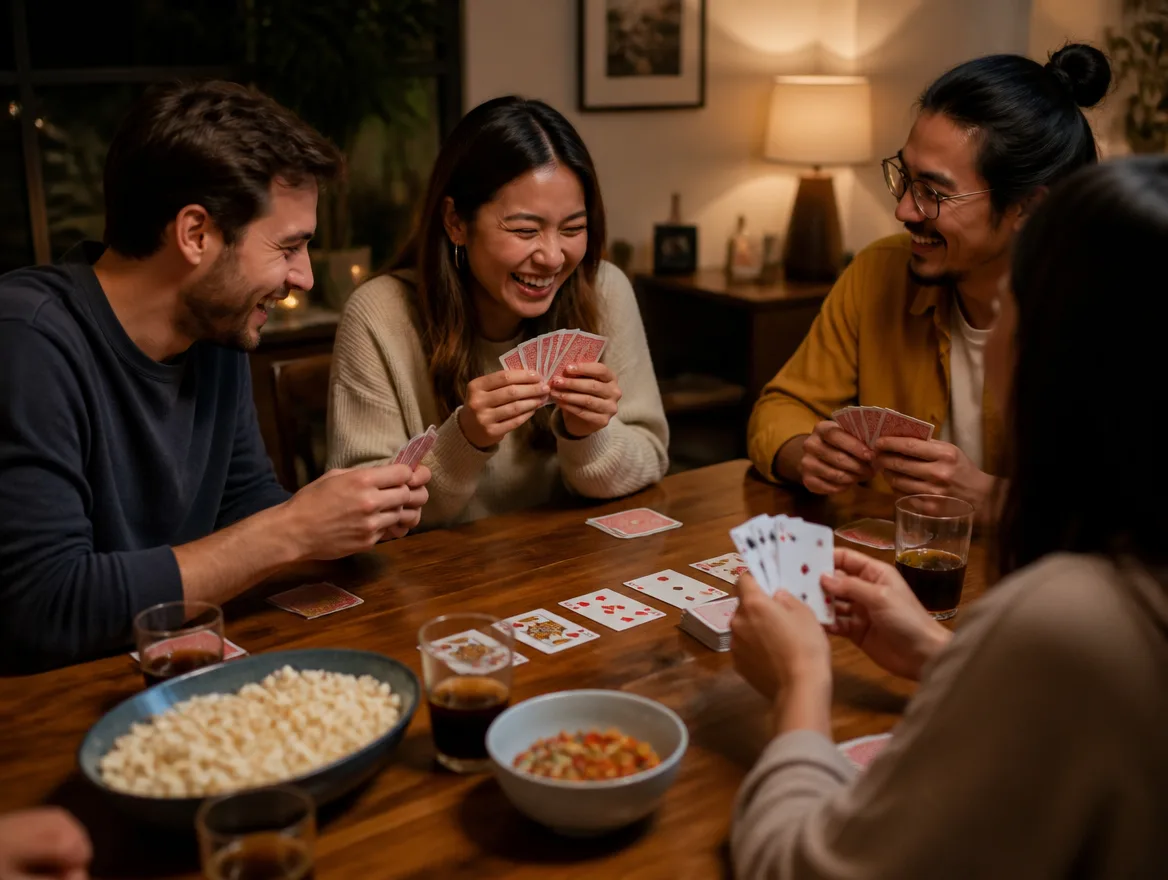 Friends playing a game with a custom deck of cards