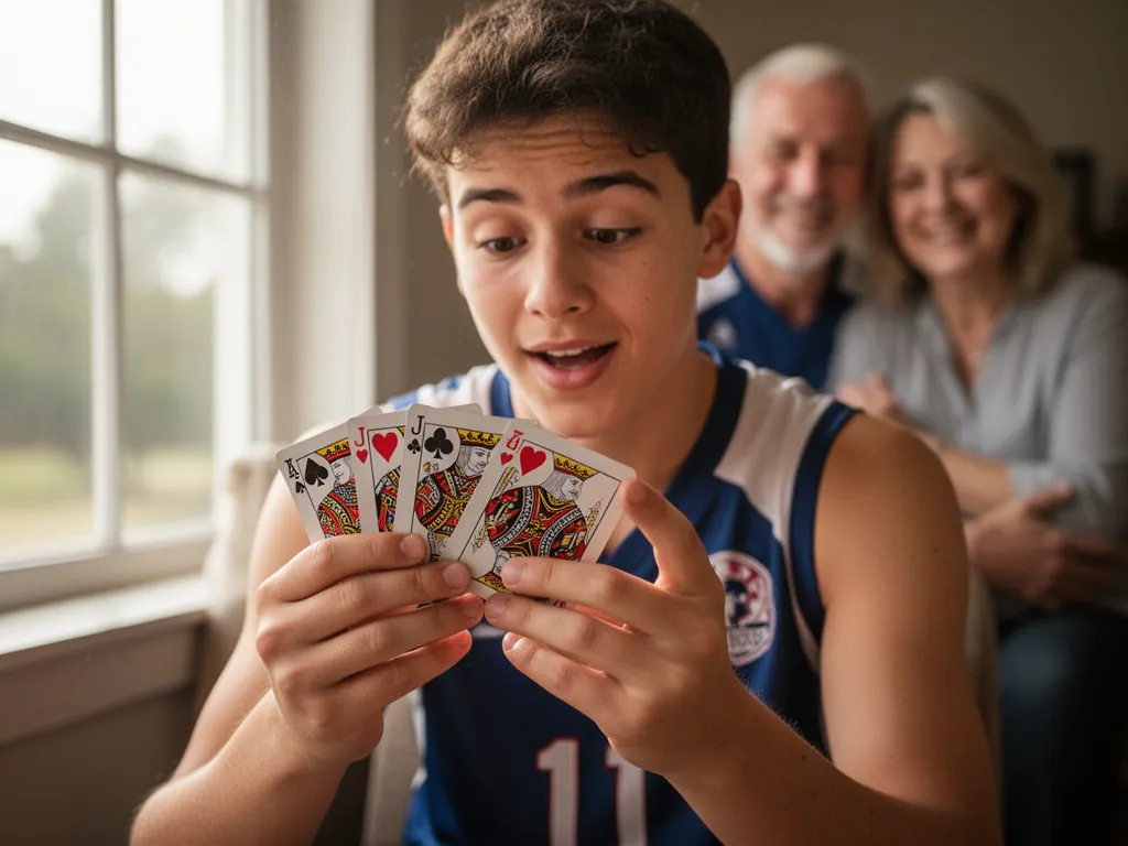 Young athlete's hands inspecting custom playing cards with expression of pride and excitement