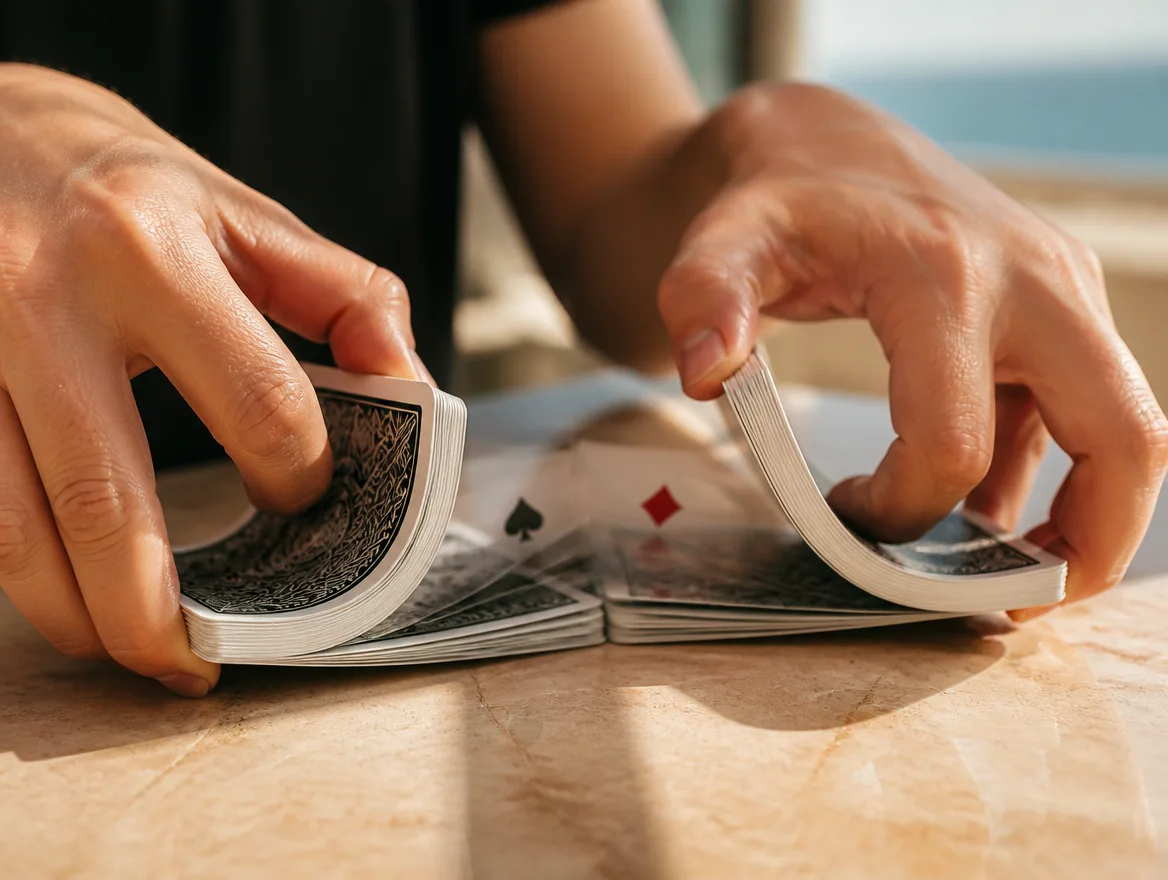 Custom made playing cards being shuffled in hand