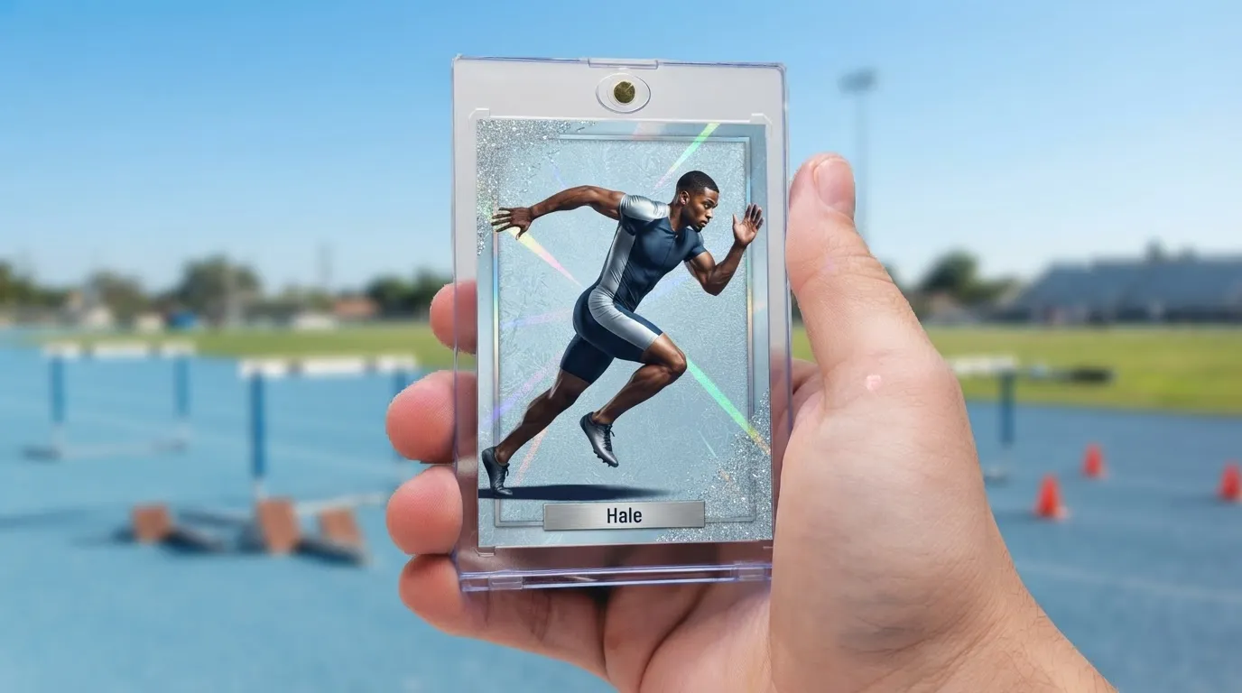 Hand holding magnetic case with custom made sports cards featuring icy blue refractor sprinter design.