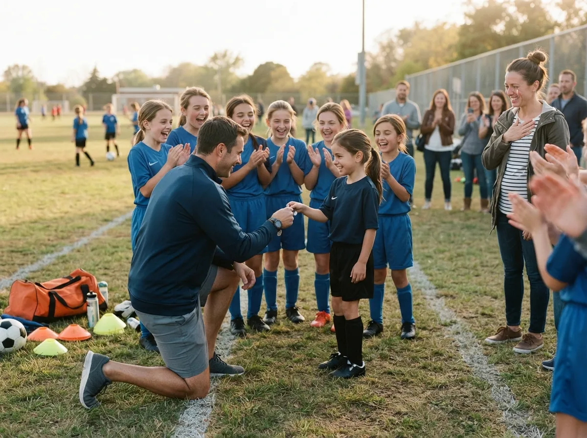 Coach and young athlete share proud emotional moment on sunny field with teammates.
