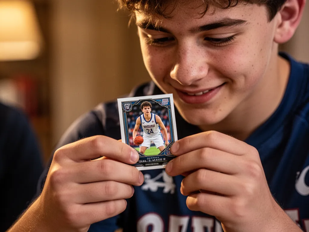 Young athlete smiling while holding and admiring their custom personalized sports card with genuine emotion