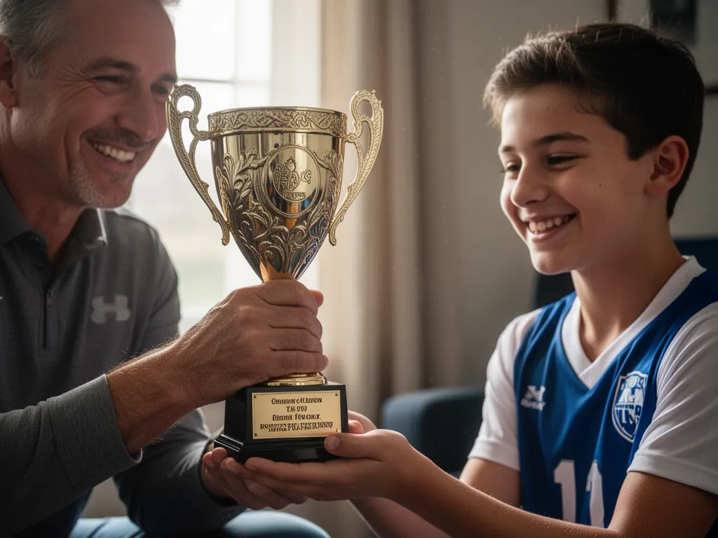 [Coach and athlete proudly display a custom engraved trophy with emotional celebration]