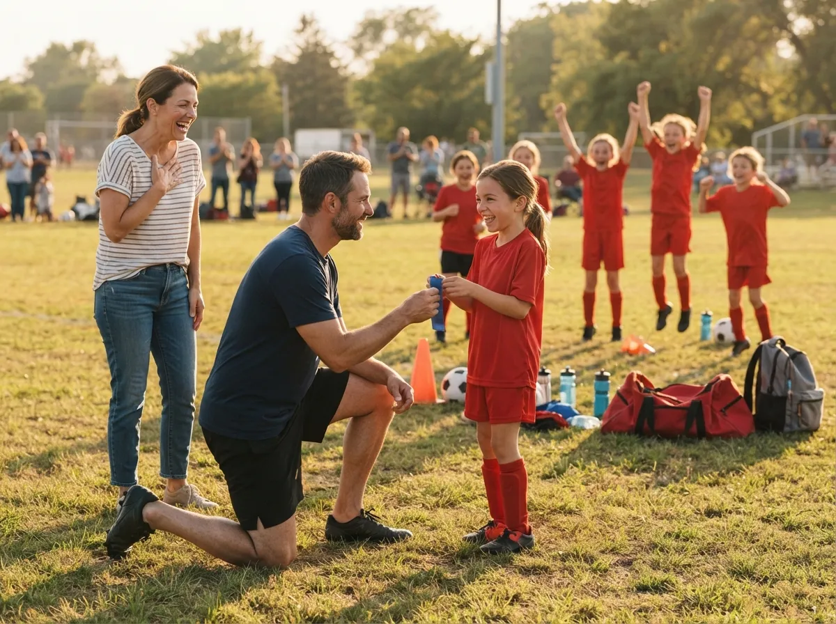 Coach and young athlete share a proud, joyful moment on a sunlit sports field.
