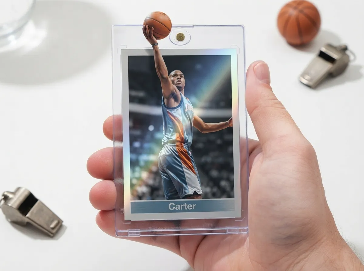 Custom sports trading card in magnetic case showing chrome basketball player breaking top edge.