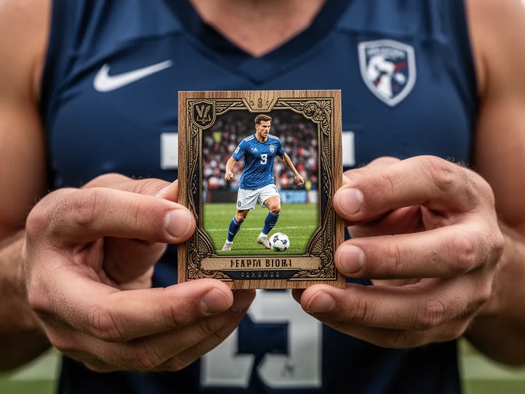 [Athlete's hands carefully holding and examining custom sports card with focused attention]
