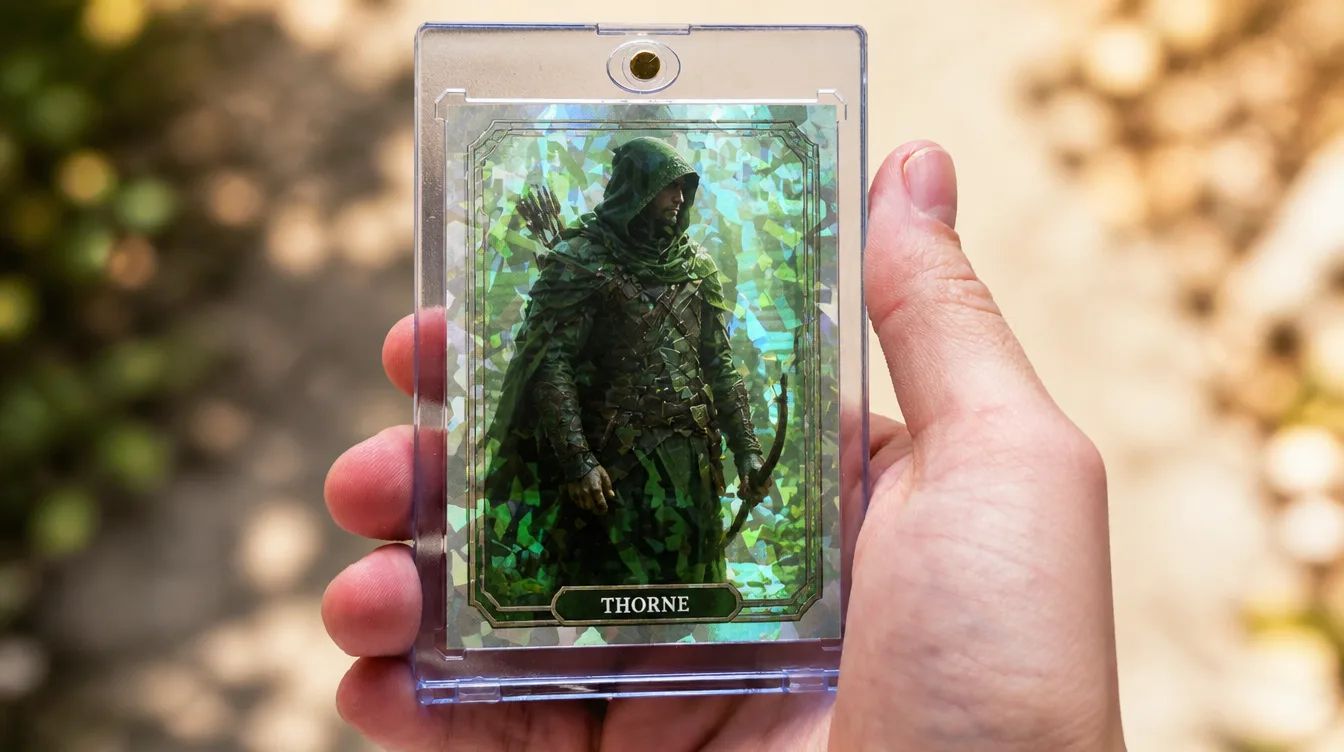 Custom magic card in a one-touch magnetic acrylic display case, held in hand