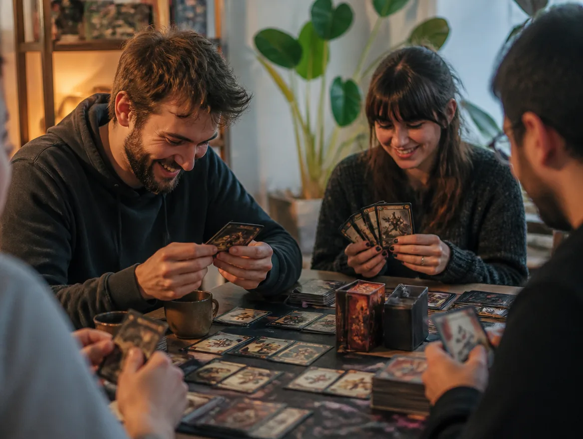 Friends playing a fantasy trading card game at a table