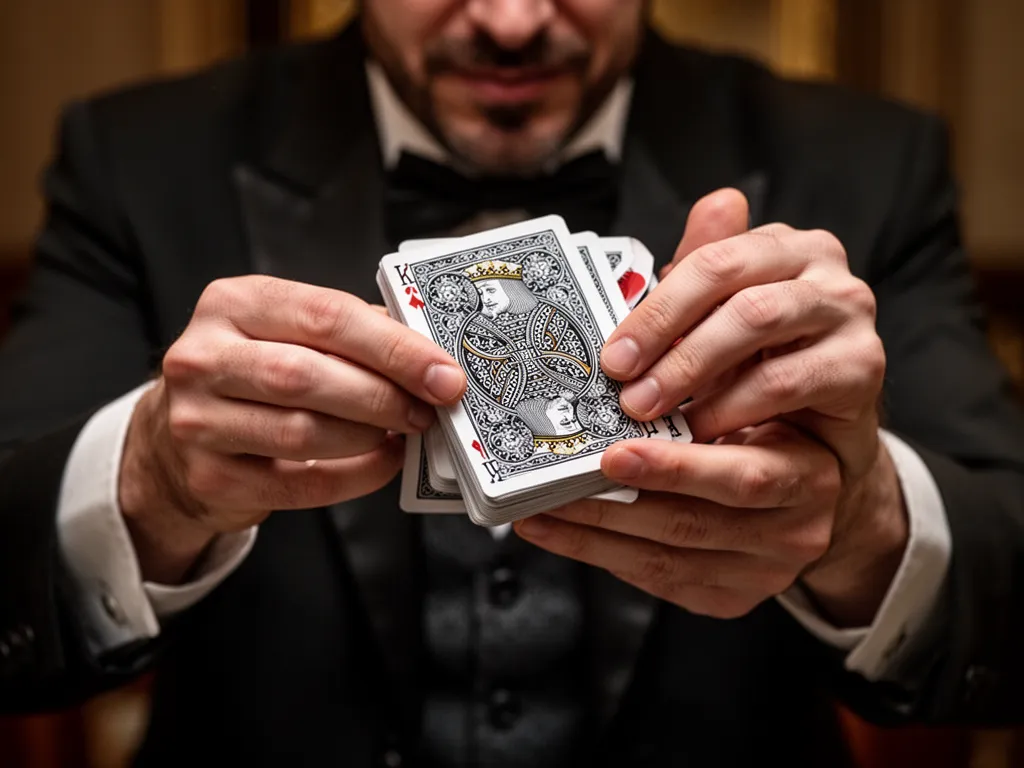 [Magician's hands expertly shuffling ornate custom playing cards with precise technique and focus]