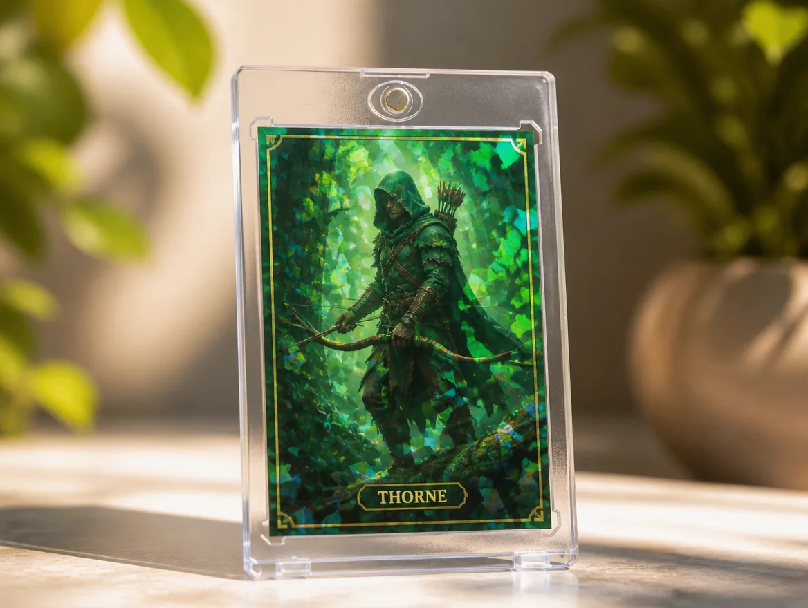 Custom fantasy trading card standing upright in a clear magnetic case