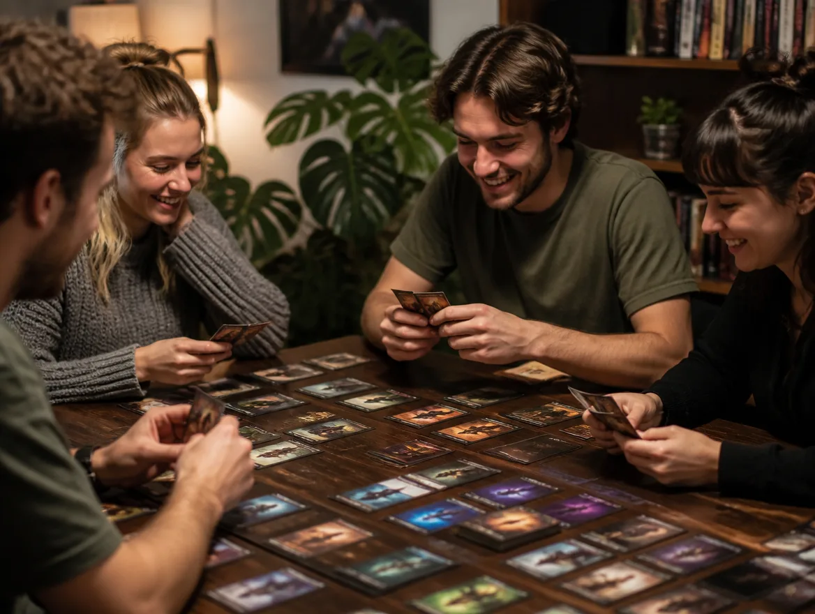 Friends playing a fantasy trading card game at a table
