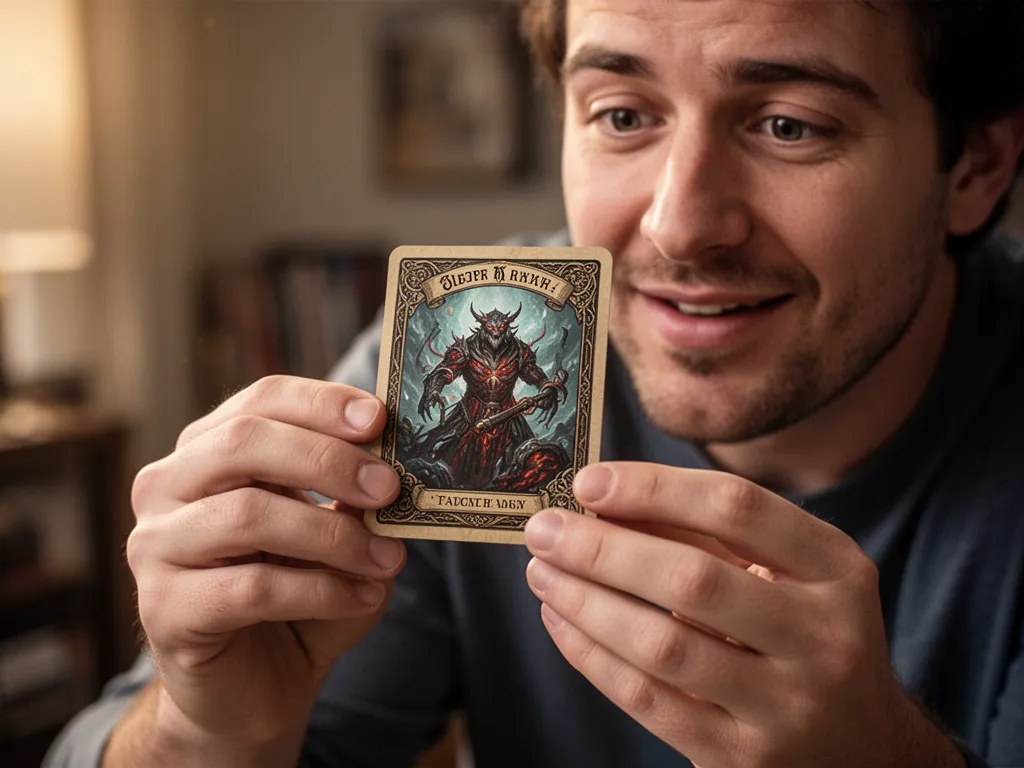 Collector's hands delicately holding custom card displaying intricate artwork with admiration and care visible.