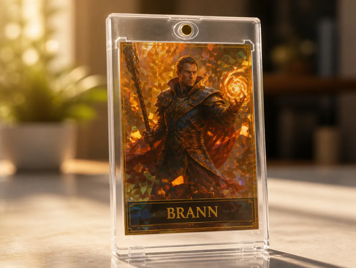 Custom fantasy trading card standing in a clear magnetic display case