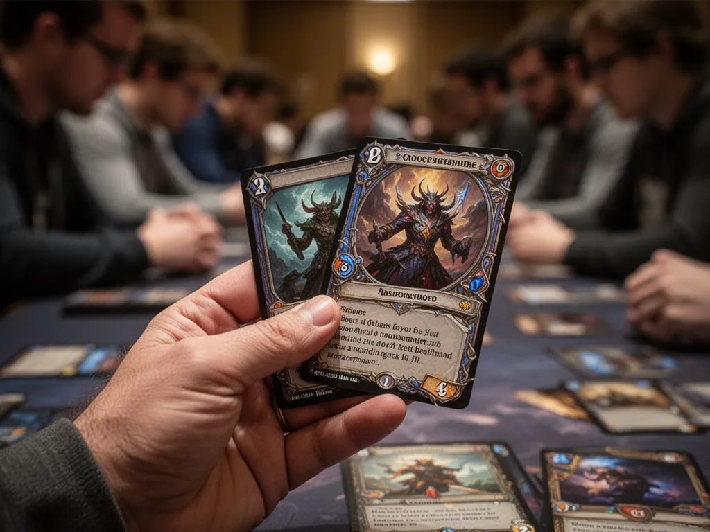 [Player's hand holding custom Magic card with focused appreciation and emotional connection visible]