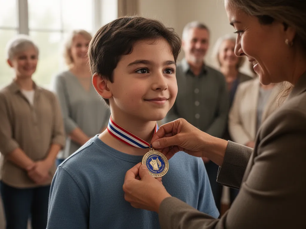 Parent placing custom medallion around child's neck in emotional awards ceremony moment