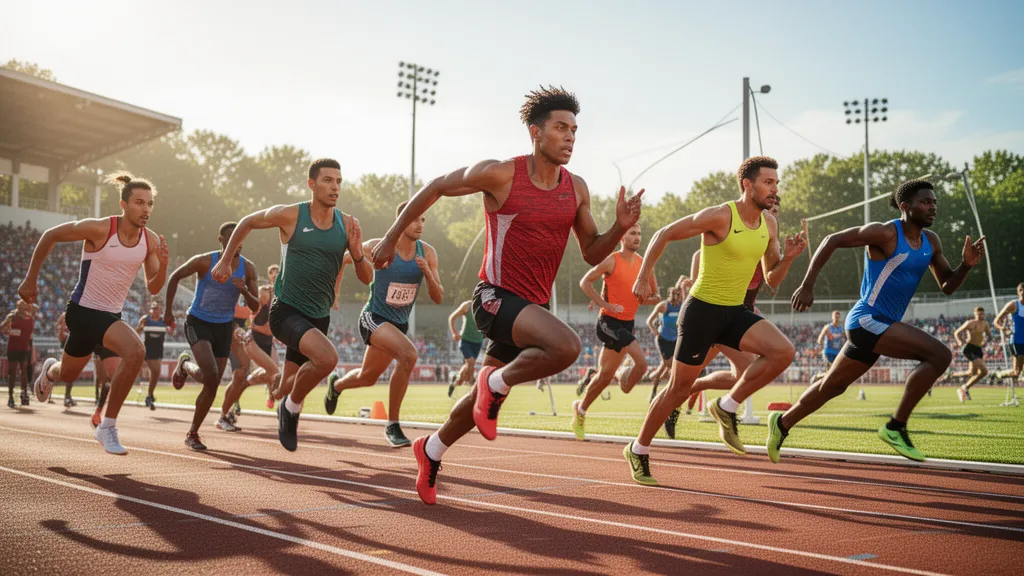 Multiple athletes competing in various outdoor sports with natural sunlight and dynamic movement