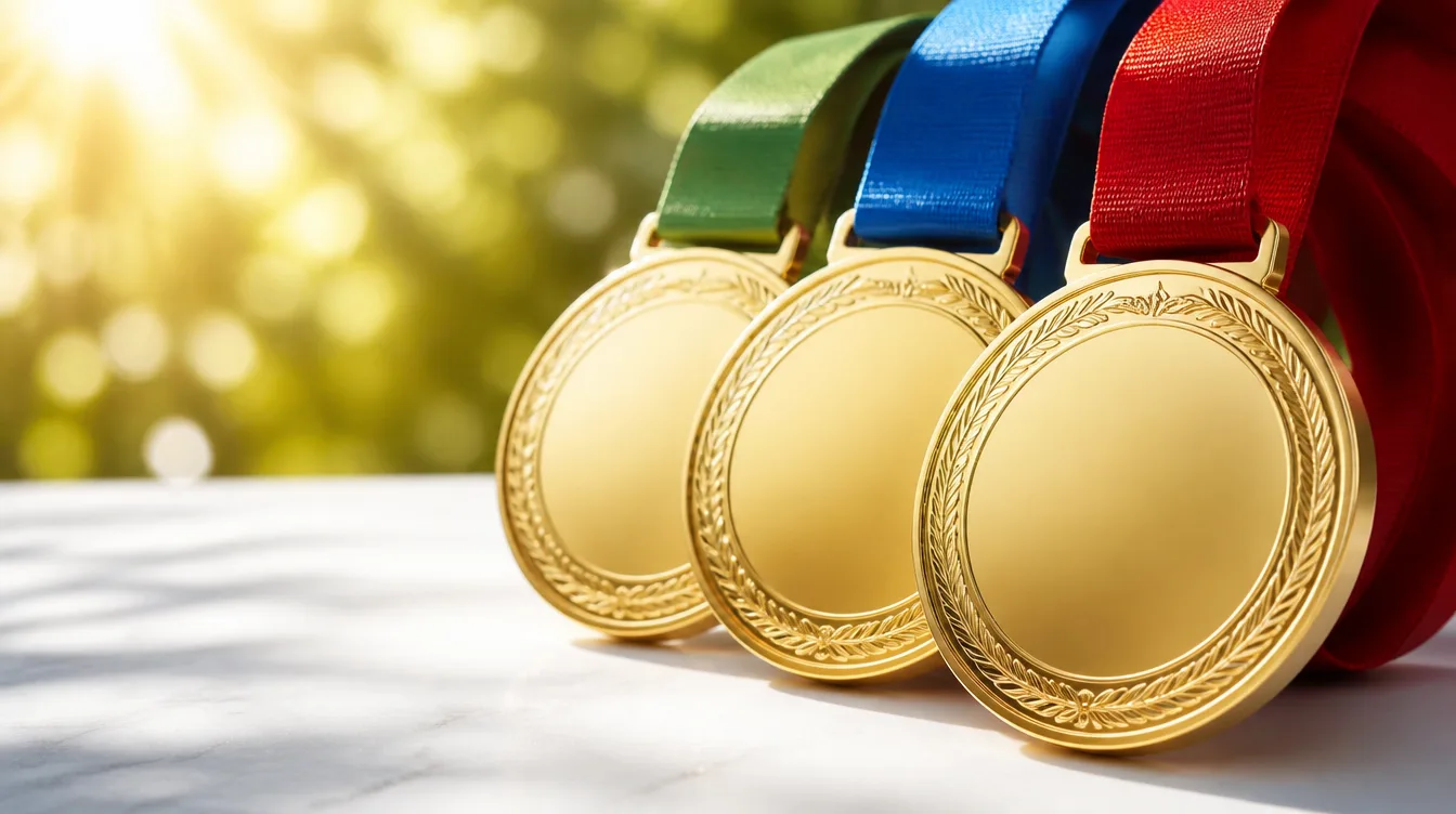 Shiny gold custom medals on colorful ribbons