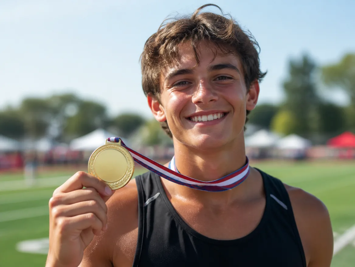 Proud young athlete wearing a gold medal and smiling