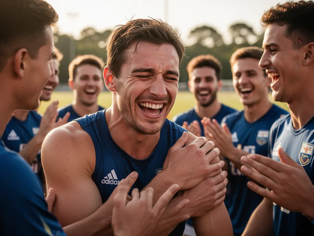 Athlete experiencing emotional moment of recognition surrounded by supportive teammates and spectators