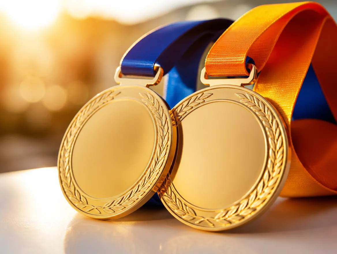 Two gold award medals on ribbons in close-up