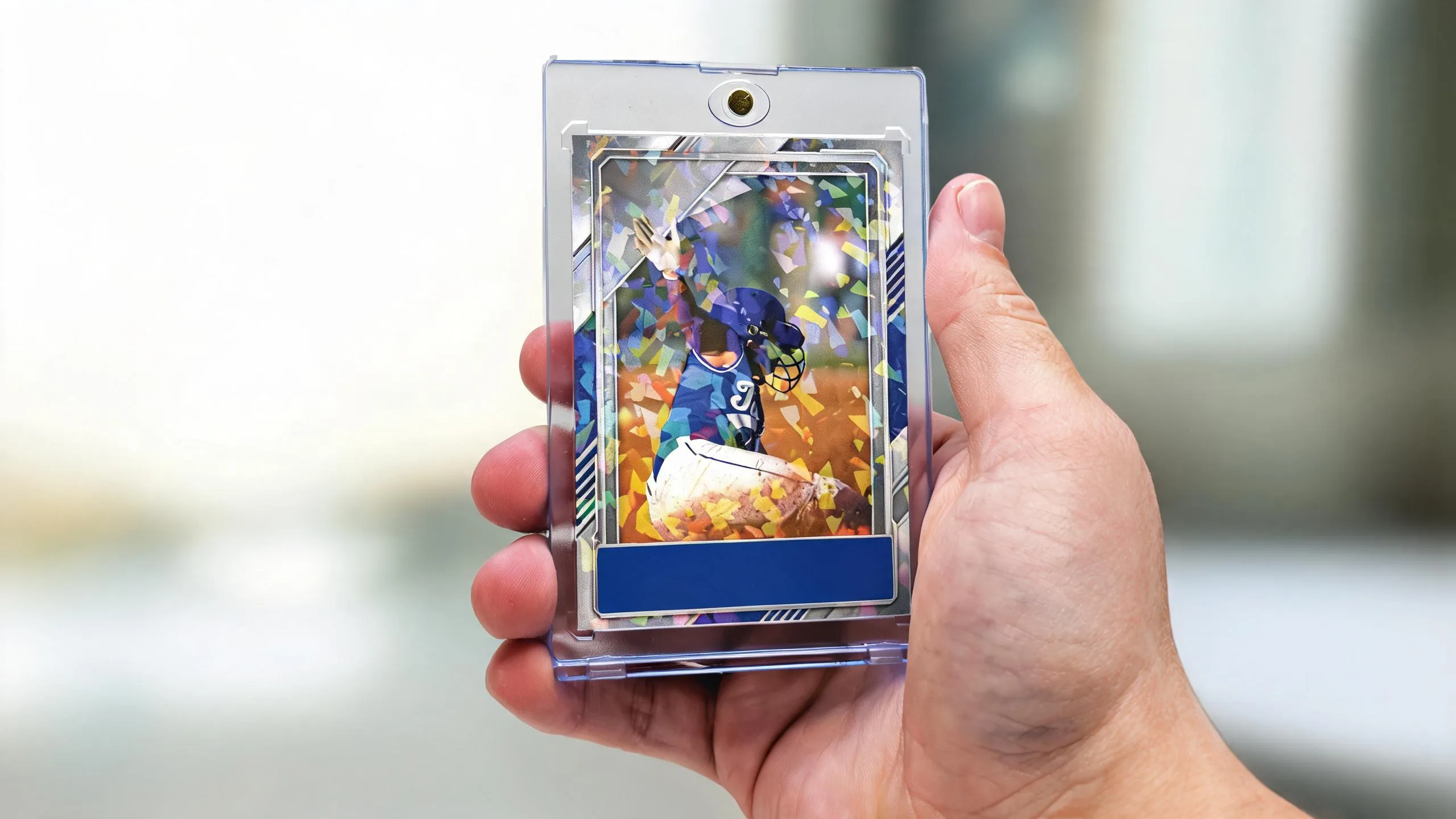 Hand holding custom memorabilia trading card in magnetic acrylic case, athlete design, bright interior
