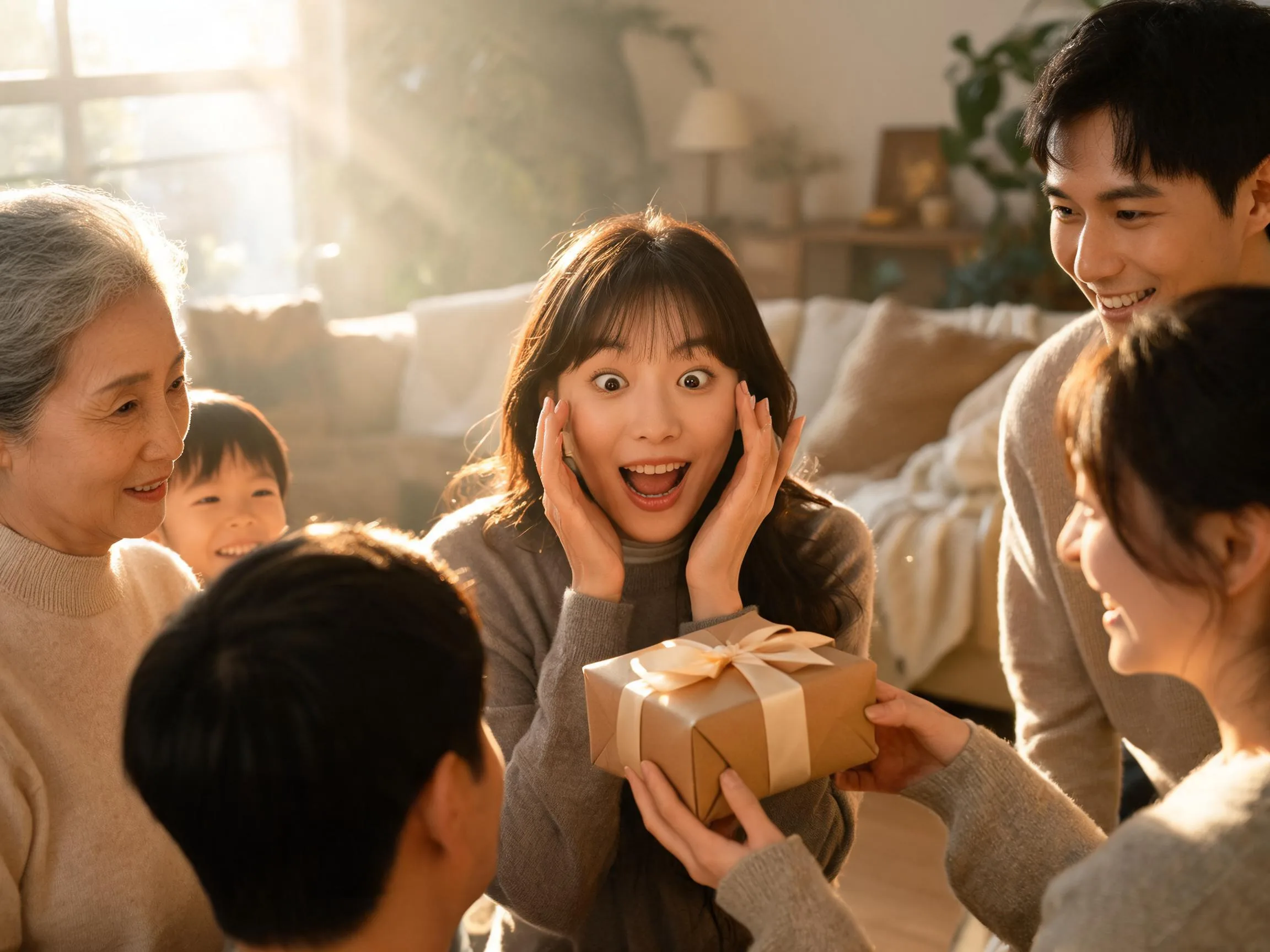 Family member reacts with genuine surprise and joy while receiving an unexpected wrapped gift indoors