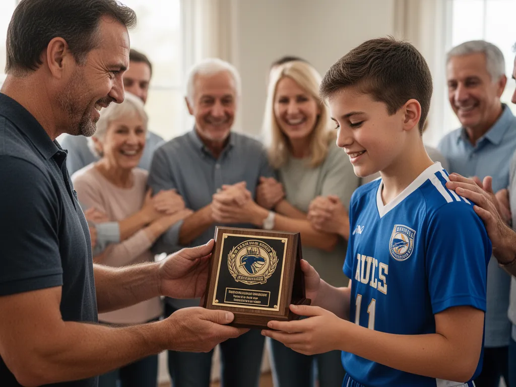 Coach presenting custom sports memorabilia to young athlete with proud family members watching in background moment