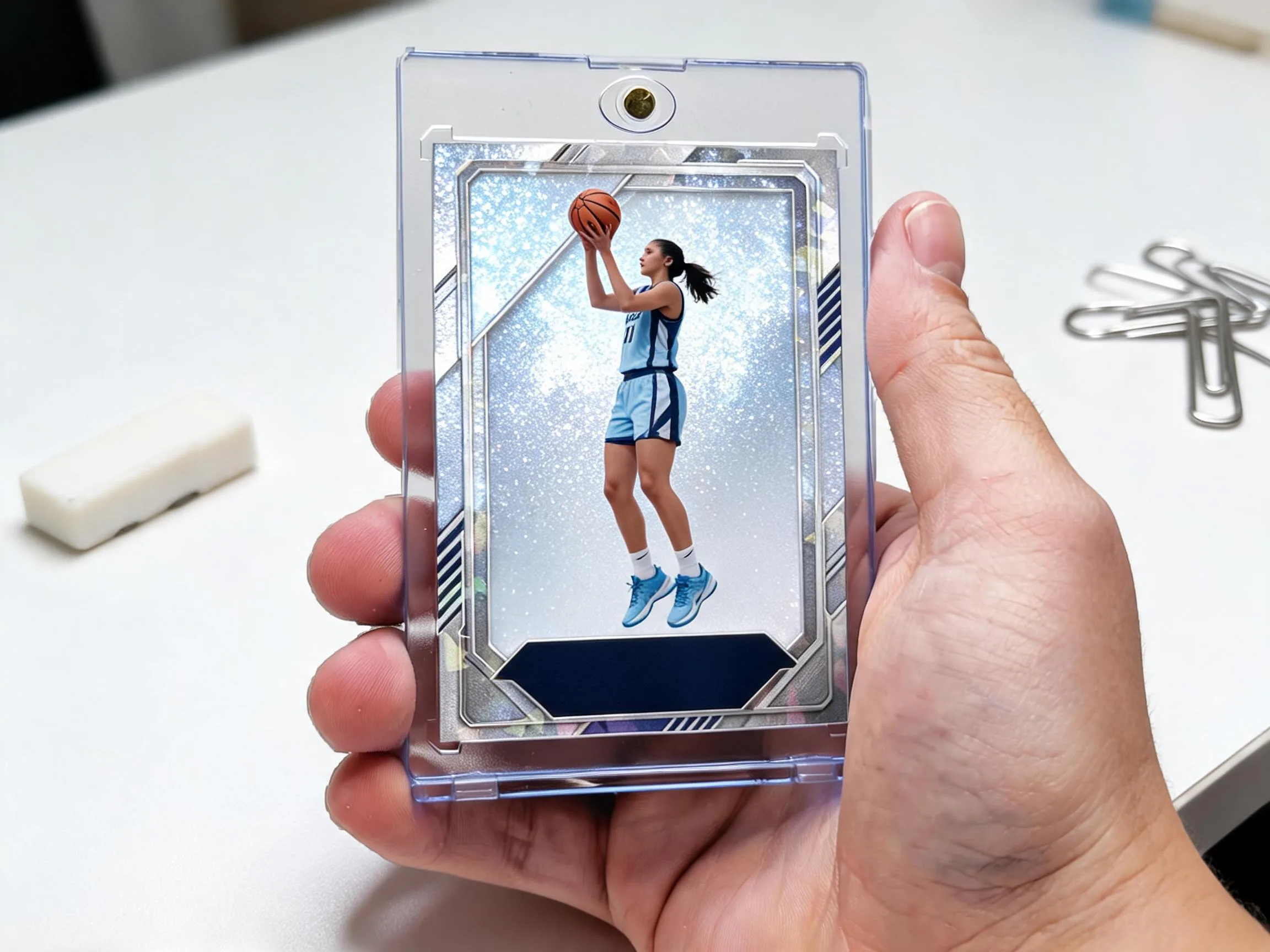 Custom keepsake trading card in magnetic case, icy blue refractor athlete design, close-up