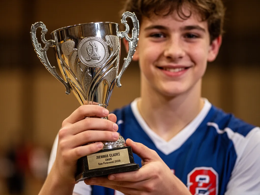 Young athlete's hands holding polished custom metal trophy, showing pride and achievement details.